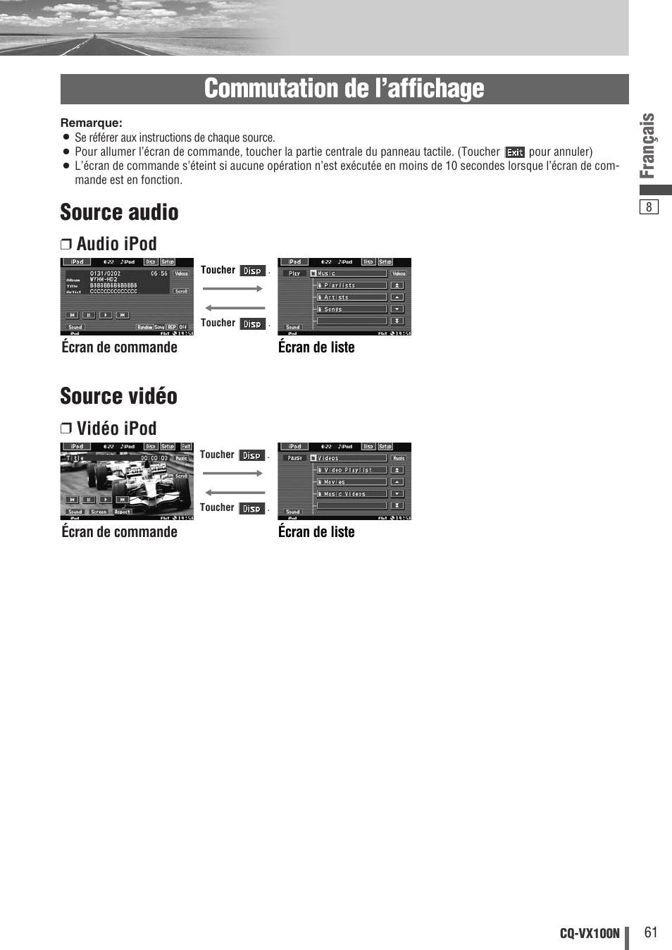 Commutation de l’affichage, Source audio, Source vidéo | Français, Audio ipod, Vidéo ipod | Panasonic CQVX100N User Manual | Page 9 / 28