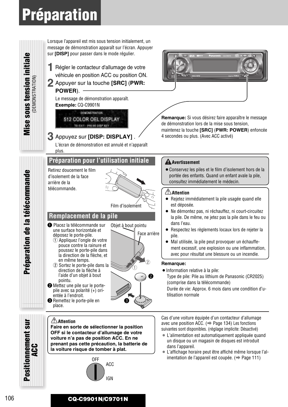 Préparation, Mise sous tension initiale, Préparation de la télécommande | Positionnement sur acc | Panasonic CQC9701N User Manual | Page 10 / 52