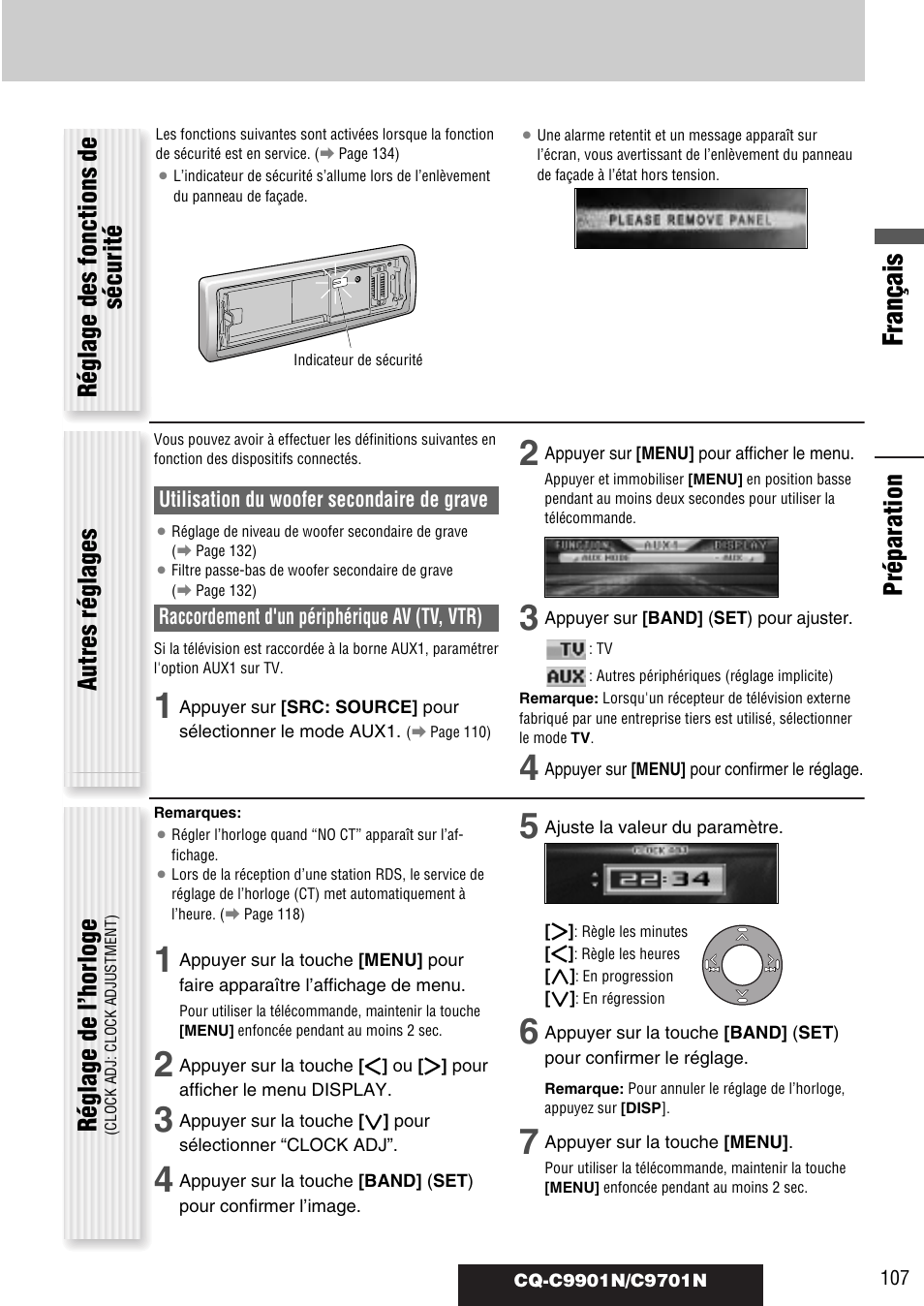 Français, Préparation autres réglages réglage de l’horloge, Réglage des fonctions de sécurité | Panasonic CQC9701N User Manual | Page 11 / 52