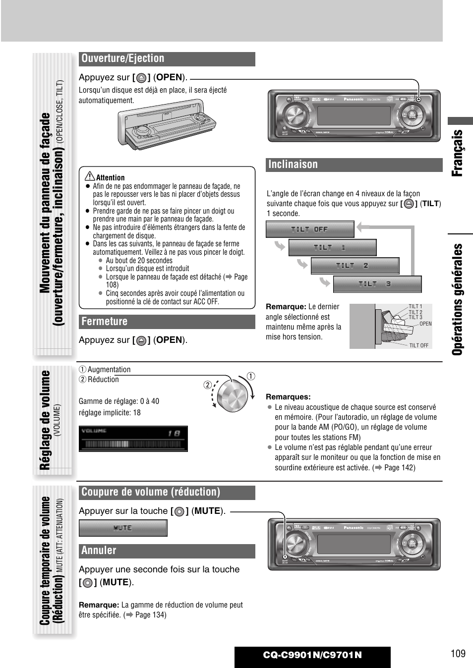 Français, Réglage de volume, Coupure temporaire de volume (réduction) | Ouverture/ejection, Fermeture, Inclinaison, Coupure de volume (réduction), Annuler | Panasonic CQC9701N User Manual | Page 13 / 52