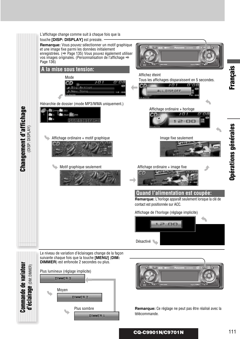 Français, Opérations générales, Changement d’affichage | Commande de variateur d’éclairage, Quand l’alimentation est coupée, A la mise sous tension | Panasonic CQC9701N User Manual | Page 15 / 52