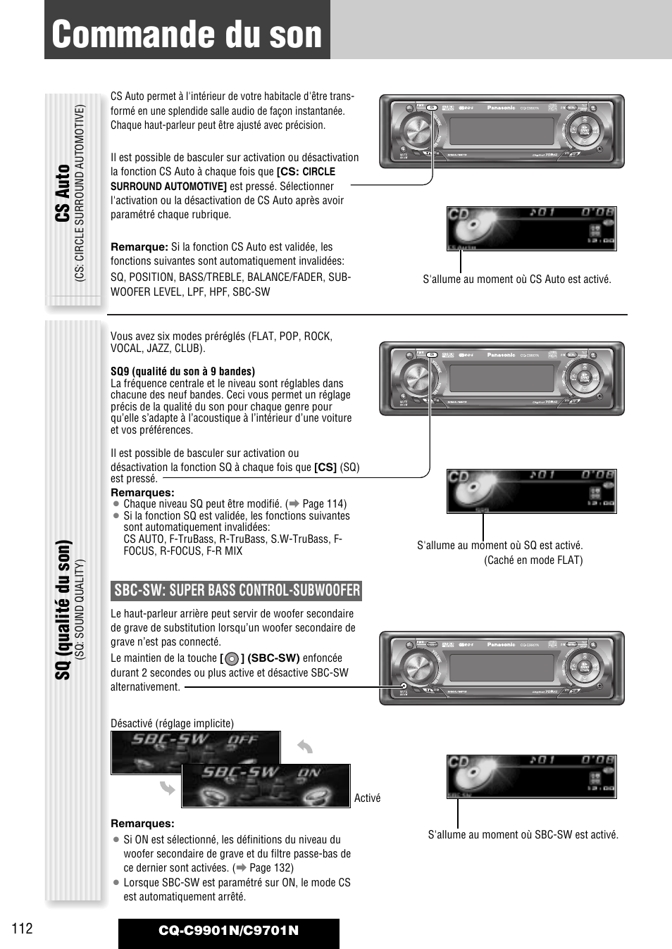 Commande du son, General, Cs auto | Sq (qualité du son), Sbc-sw: super bass control-subwoofer | Panasonic CQC9701N User Manual | Page 16 / 52