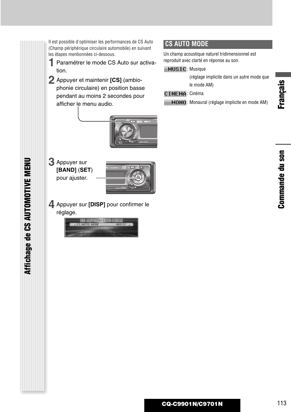 Français, Affichage de cs automotive menu, Commande du son | Panasonic CQC9701N User Manual | Page 17 / 52