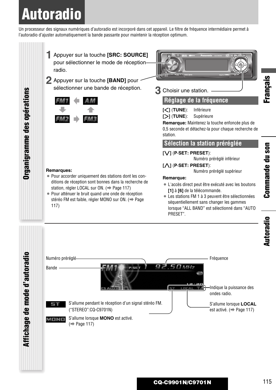 Autoradio, Français, Autoradio commande du son | Affichage de mode d’autoradio, Organigramme des opérations, Réglage de la fréquence, Sélection la station préréglée | Panasonic CQC9701N User Manual | Page 19 / 52