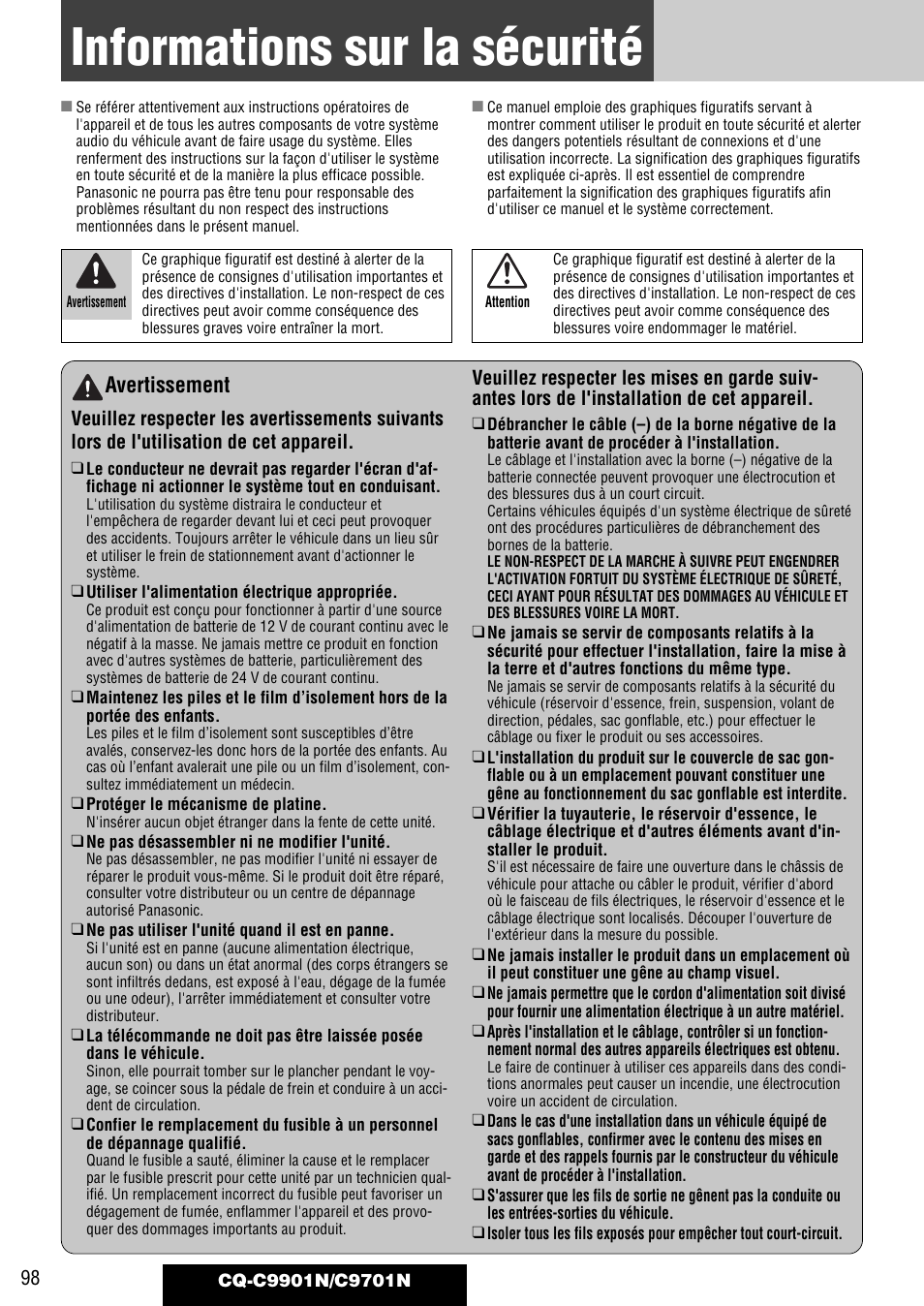 Informations sur la sécurité, Avertissement | Panasonic CQC9701N User Manual | Page 2 / 52