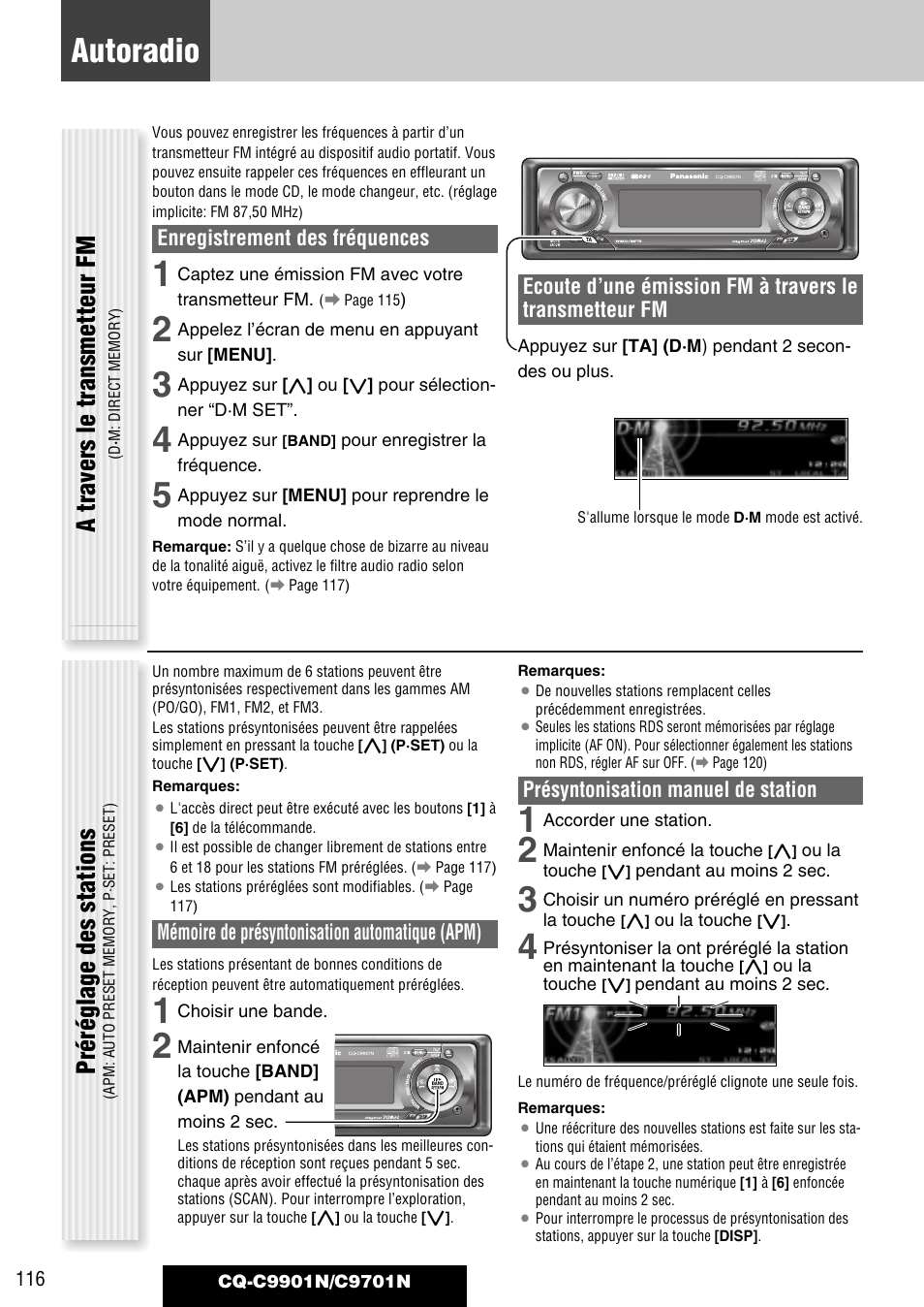 Autoradio, A travers le transmetteur fm, Préréglage des stations | Mémoire de présyntonisation automatique (apm), Présyntonisation manuel de station, Enregistrement des fréquences | Panasonic CQC9701N User Manual | Page 20 / 52