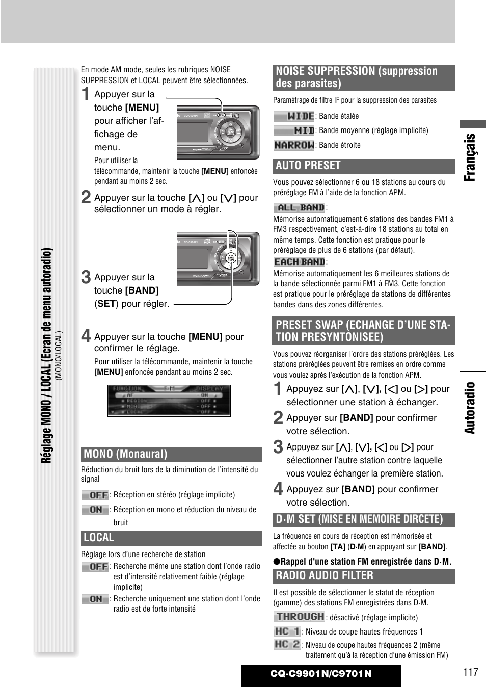 Français, Réglage mono / local (ecran de menu autoradio), Autoradio | Panasonic CQC9701N User Manual | Page 21 / 52