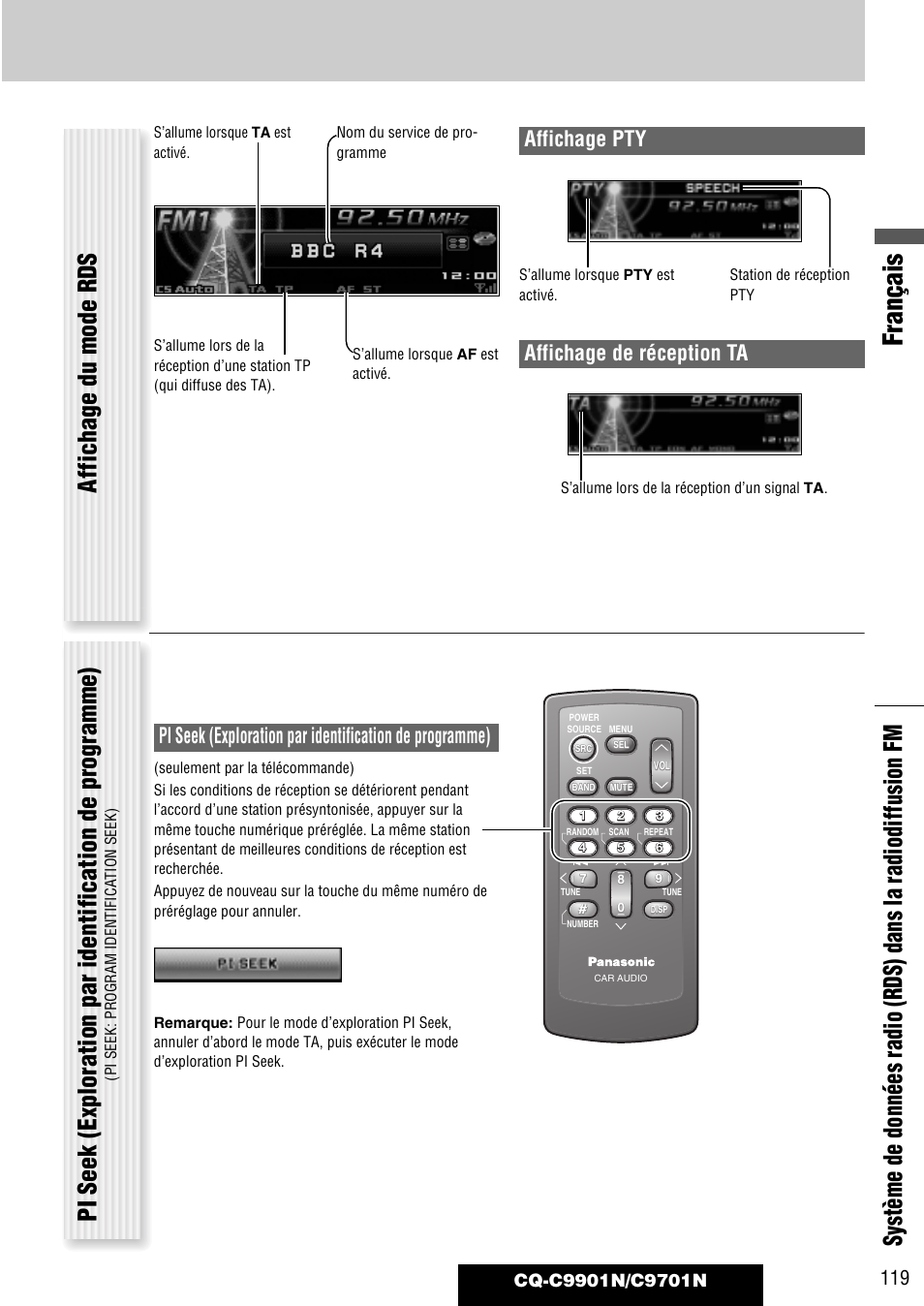 Français, Affichage de réception ta affichage pty | Panasonic CQC9701N User Manual | Page 23 / 52