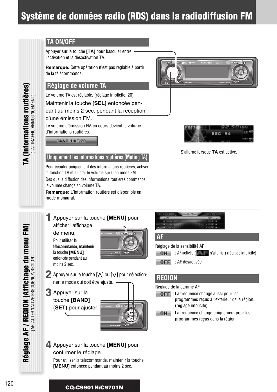 Ta (informations routières), Réglage af / region (affichage du menu fm), Ta on/off | Réglage de volume ta, Uniquement les informations routières (muting ta), Region | Panasonic CQC9701N User Manual | Page 24 / 52