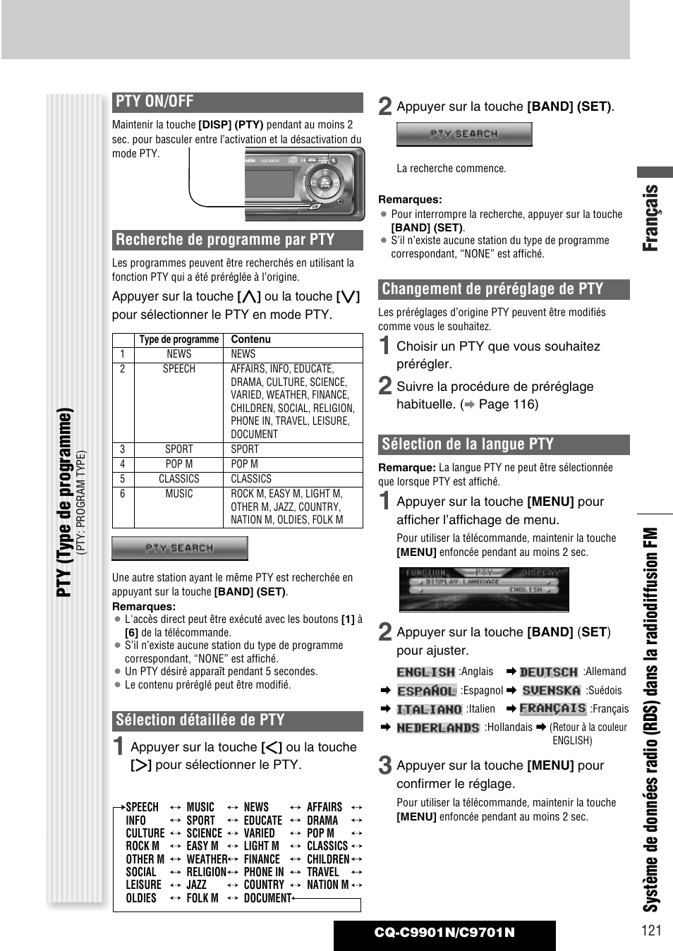 Français, Pty (t ype de programme), Pty on/off | Recherche de programme par pty, Sélection détaillée de pty, Changement de préréglage de pty, Sélection de la langue pty | Panasonic CQC9701N User Manual | Page 25 / 52