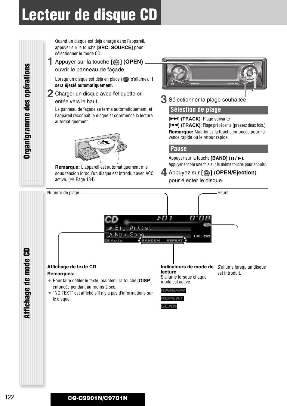 Lecteur de disque cd, Organigramme des opérations affichage de mode cd | Panasonic CQC9701N User Manual | Page 26 / 52