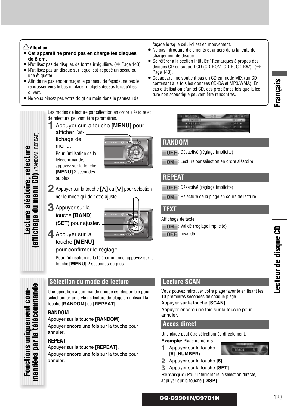 Français, Lecteur de disque cd, Random | Repeat, Text, Sélection du mode de lecture, Lecture scan, Accès direct | Panasonic CQC9701N User Manual | Page 27 / 52