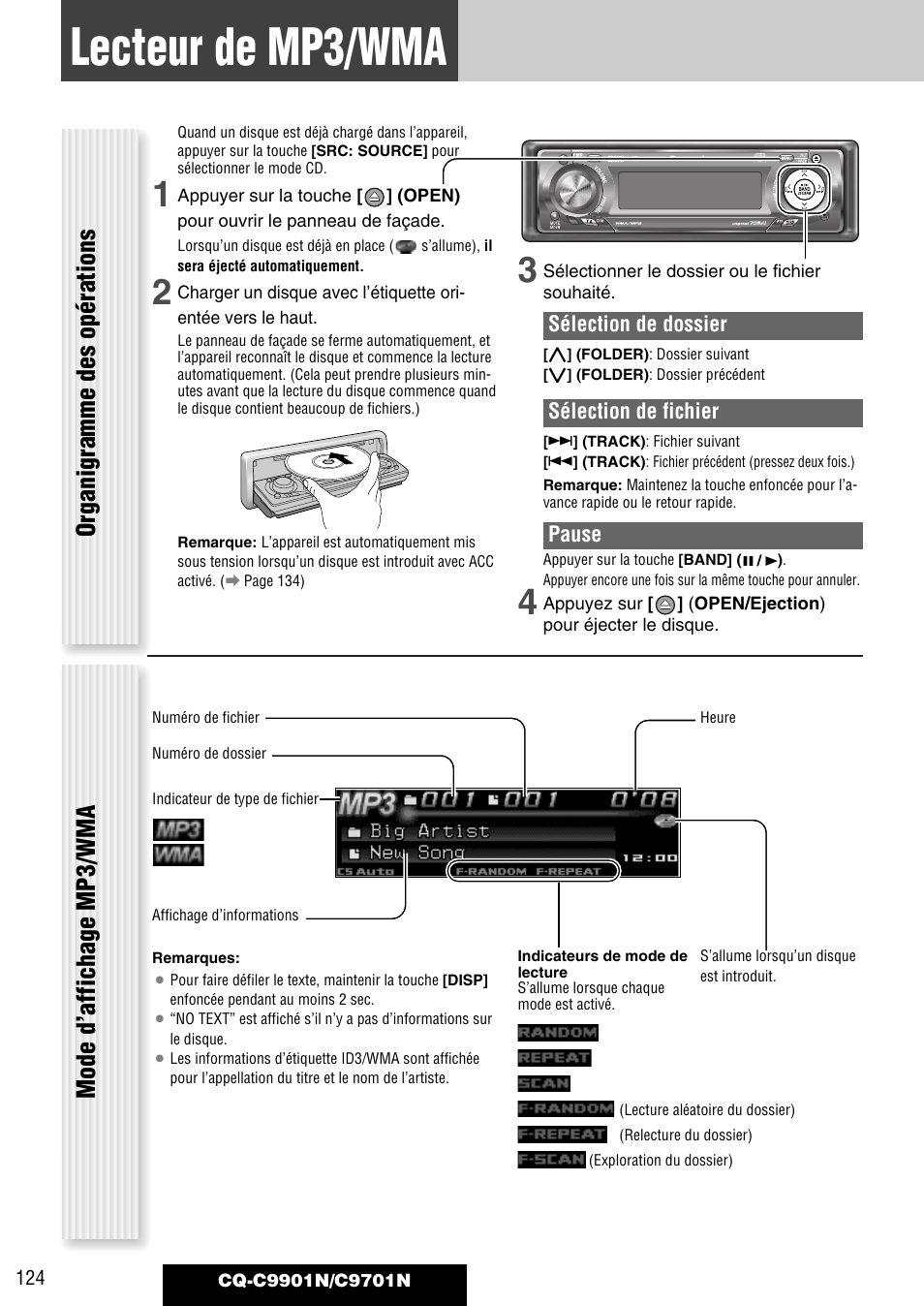 Lecteur de mp3/wma, Organigramme des opérations, Mode d’affichage mp3/wma | Sélection de dossier, Sélection de fichier, Pause | Panasonic CQC9701N User Manual | Page 28 / 52