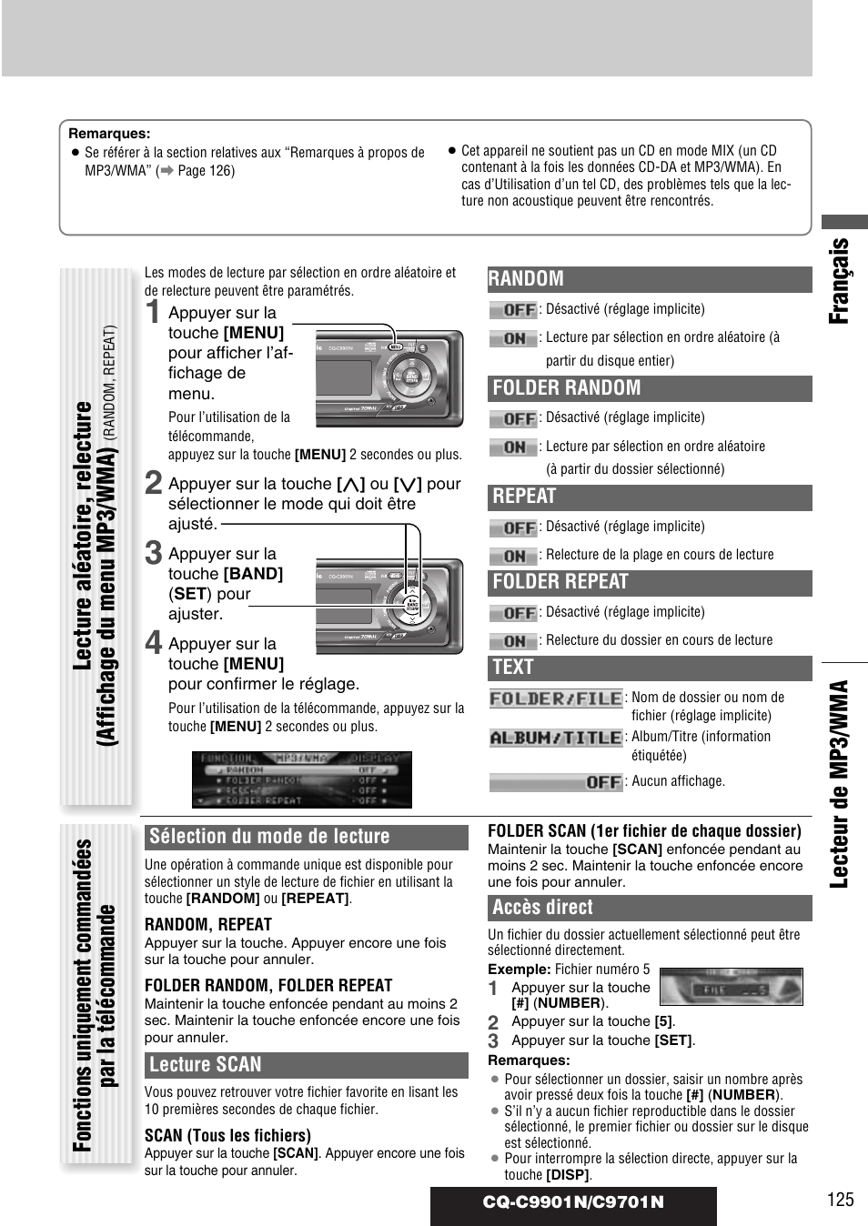 Français, Random, Folder random | Repeat, Folder repeat, Text, Sélection du mode de lecture, Lecture scan, Accès direct | Panasonic CQC9701N User Manual | Page 29 / 52