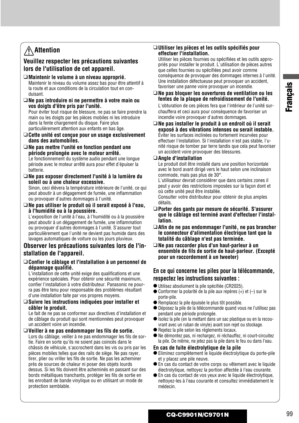 Français, Attention | Panasonic CQC9701N User Manual | Page 3 / 52