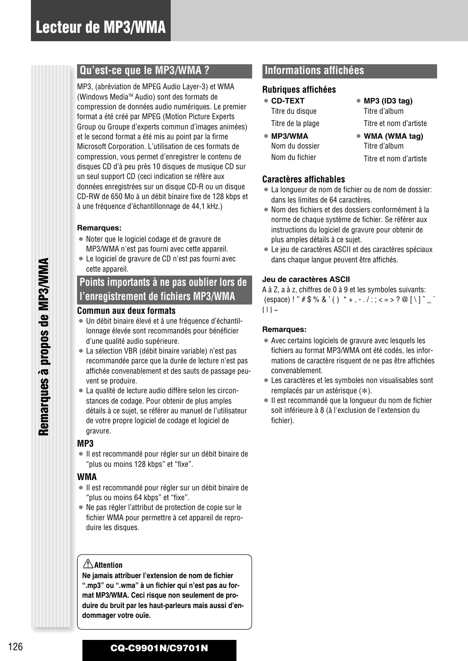 Lecteur de mp3/wma, Remarques à propos de mp3/wma, Qu’est-ce que le mp3/wma | Informations affichées | Panasonic CQC9701N User Manual | Page 30 / 52