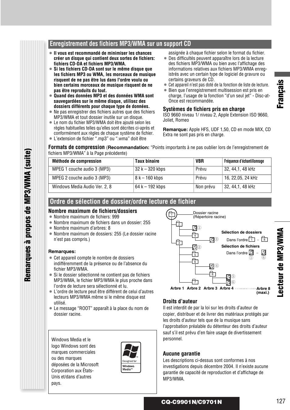 Français, Systèmes de fichiers pris en charge, Nombre maximum de fichiers/dossiers | Droits d’auteur, Aucune garantie, Formats de compression | Panasonic CQC9701N User Manual | Page 31 / 52