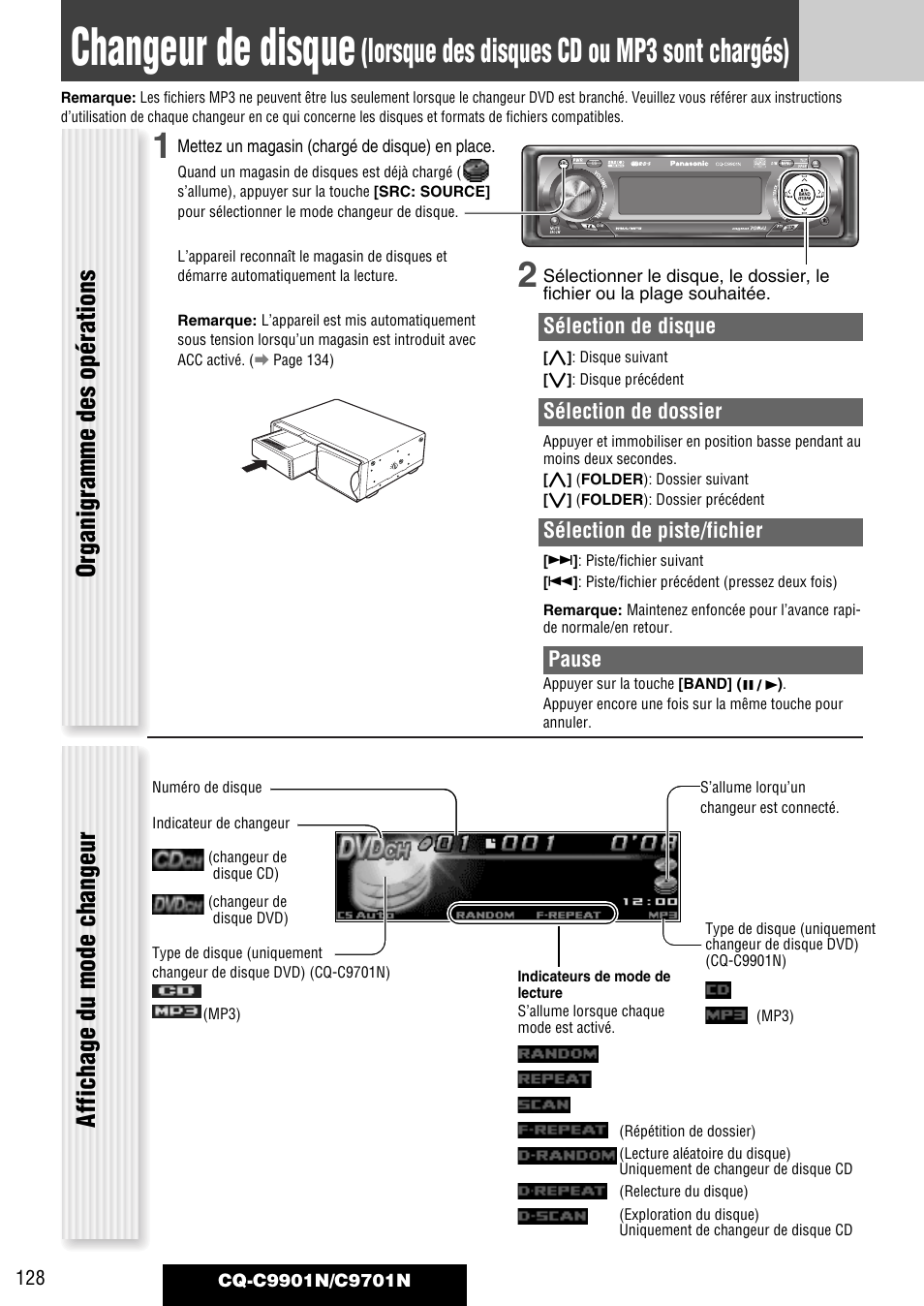 Changeur de disque, Lorsque des disques cd ou mp3 sont chargés), Sélection de disque | Sélection de dossier, Sélection de piste/fichier, Pause | Panasonic CQC9701N User Manual | Page 32 / 52