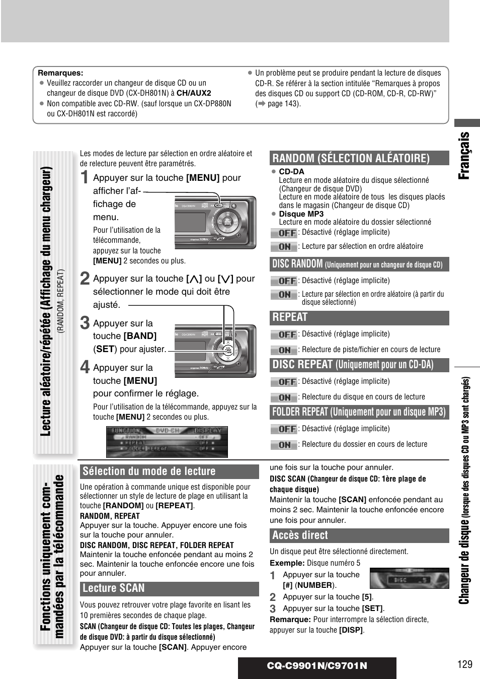 Français, Changeur de disque, Random (sélection aléatoire) | Disc random, Repeat, Disc repeat (uniquement pour un cd-da), Folder repeat (uniquement pour un disque mp3), Sélection du mode de lecture, Lecture scan, Accès direct | Panasonic CQC9701N User Manual | Page 33 / 52