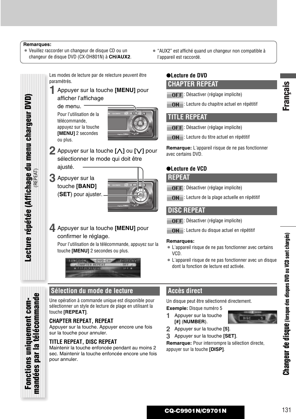 Français, Changeur de disque, Lecture répétée (affichage du menu chargeur dvd) | Panasonic CQC9701N User Manual | Page 35 / 52