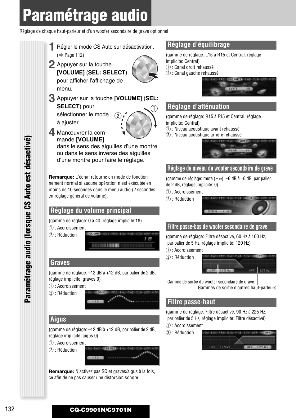 Paramétrage audio, Paramétrage audio (lorsque cs auto est désactivé) | Panasonic CQC9701N User Manual | Page 36 / 52