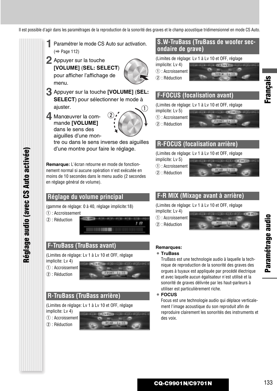 Français, Paramétrage audio, Réglage audio (avec cs auto activée) | Panasonic CQC9701N User Manual | Page 37 / 52