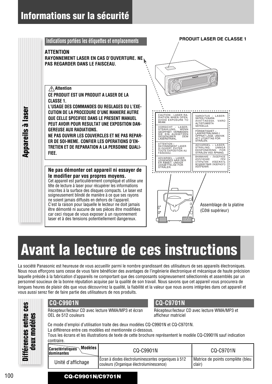Avant la lecture de ces instructions, Informations sur la sécurité, Appareils à laser | Différences entre ces deux modèles, Indications portées les étiquettes et emplacements, Cq-c9901n, Cq-c9701n | Panasonic CQC9701N User Manual | Page 4 / 52
