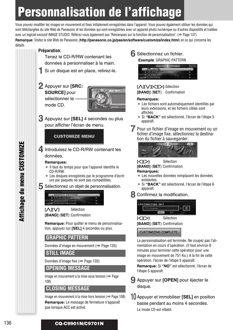 Personnalisation de l’affichage, Affichage du menu customize, Graphic pattern | Still image, Opening message, Closing message | Panasonic CQC9701N User Manual | Page 40 / 52