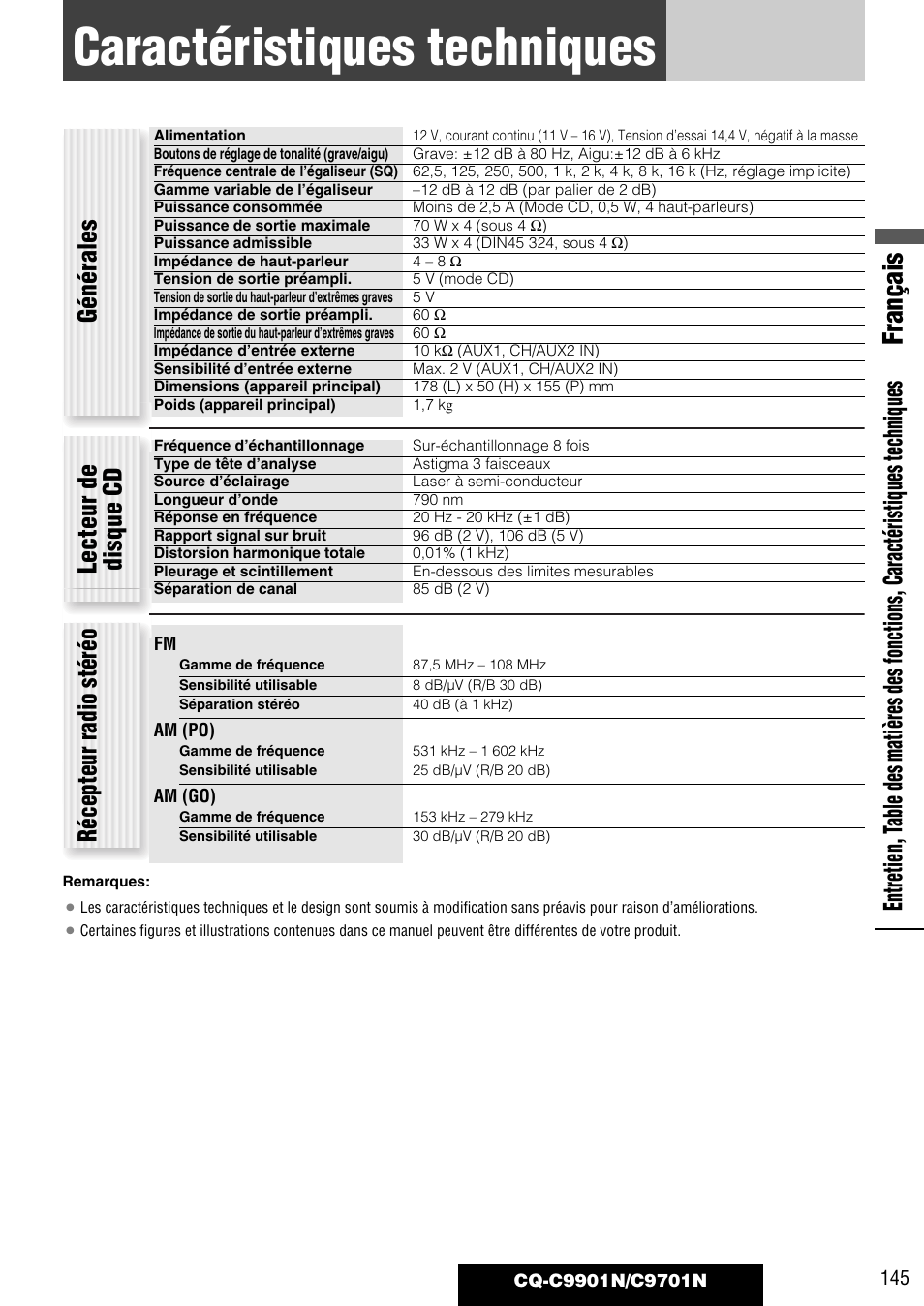 Caractéristiques techniques, Français, Générales | Lecteur de disque cd récepteur radio stéréo | Panasonic CQC9701N User Manual | Page 49 / 52