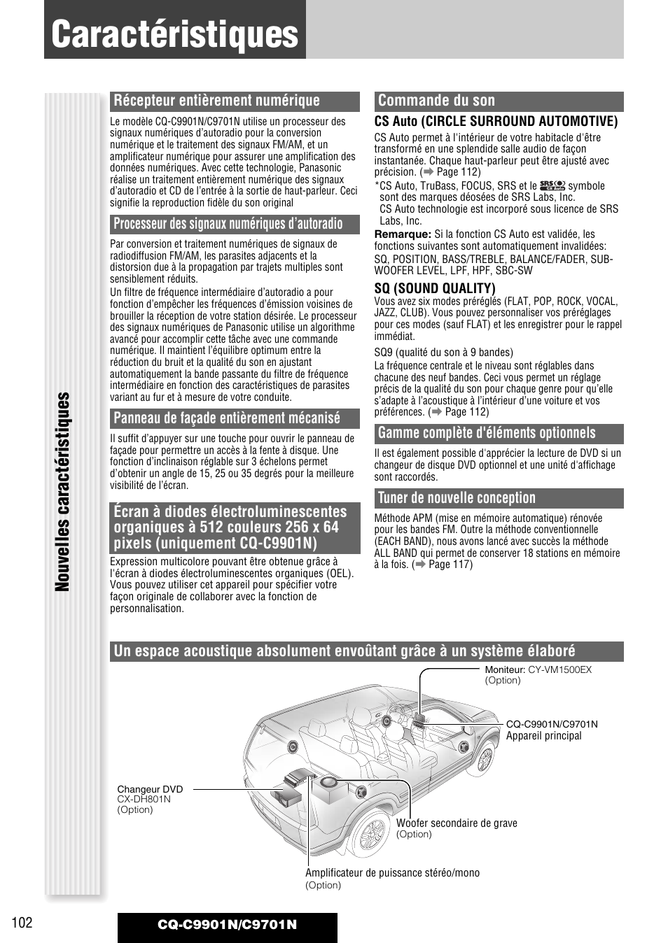 Caractéristiques, Nouvelles caractéristiques, Récepteur entièrement numérique | Processeur des signaux numériques d’autoradio, Panneau de façade entièrement mécanisé, Commande du son, Gamme complète d'éléments optionnels, Tuner de nouvelle conception | Panasonic CQC9701N User Manual | Page 6 / 52