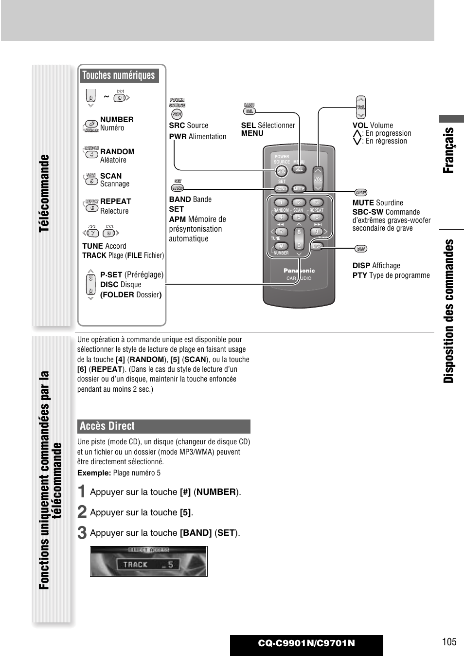 Français, Accès direct, Touches numériques | Appuyer sur la touche [#] ( number ), Appuyer sur la touche [5, Appuyer sur la touche [band] ( set ), Mémoire de présyntonisation automatique, Préréglage) | Panasonic CQC9701N User Manual | Page 9 / 52