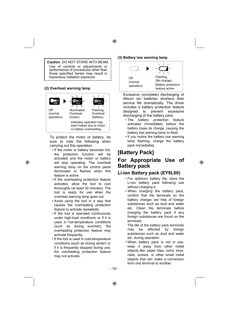 Battery pack] for appropriate use of battery pack, Li-ion battery pack (ey9l60) | Panasonic EY7960 User Manual | Page 10 / 152