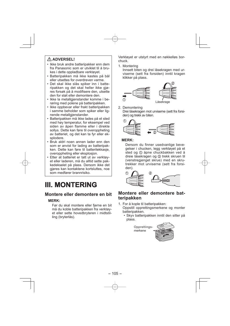 Iii. montering, Montere eller demontere en bit, Montere eller demontere bat- teripakken | Panasonic EY7960 User Manual | Page 105 / 152