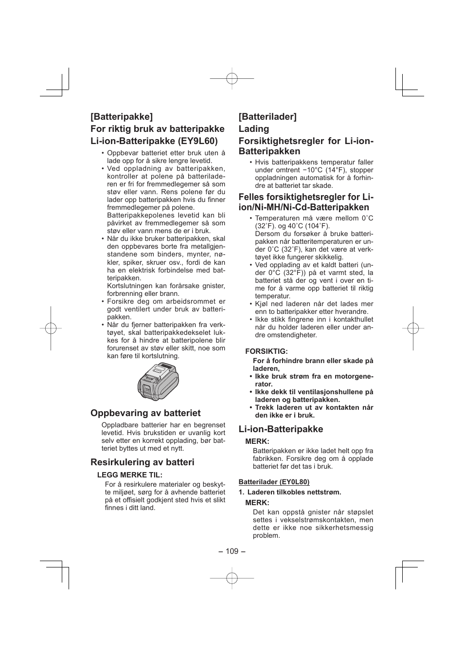 Oppbevaring av batteriet, Resirkulering av batteri, Li-ion-batteripakke | Panasonic EY7960 User Manual | Page 109 / 152