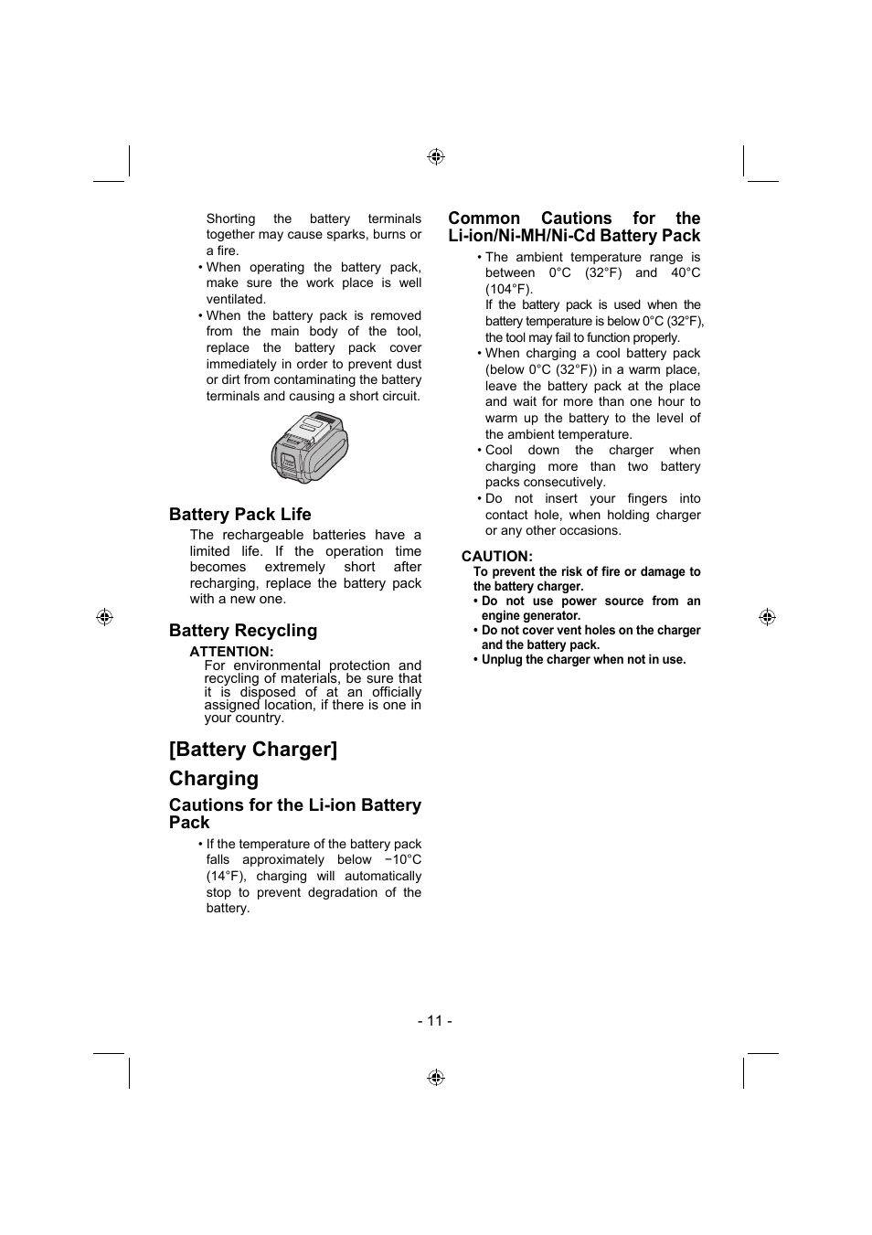 Battery charger] charging, Battery pack life, Battery recycling | Cautions for the li-ion battery pack | Panasonic EY7960 User Manual | Page 11 / 152