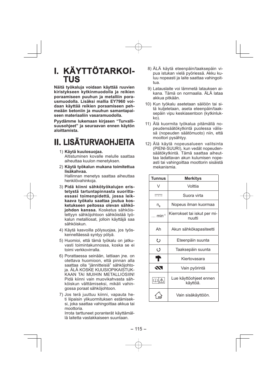I. käyttötarkoi, I. käyttötarkoi- tus tus, Ii. ii. lisäturvaohjeita lisäturvaohjeita | Panasonic EY7960 User Manual | Page 115 / 152