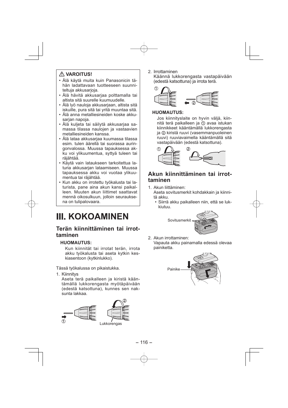 Iii. iii. kokoaminen, Terän kiinnittäminen tai irrot- taminen, Akun kiinnittäminen tai irrot- taminen | Panasonic EY7960 User Manual | Page 116 / 152