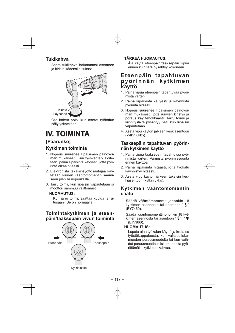 Iv. toiminta, Tukikahva, Päärunko] kytkimen toiminta | Taaksepäin tapahtuvan pyörin- nän kytkimen käyttö, Kytkimen vääntömomentin säätö | Panasonic EY7960 User Manual | Page 117 / 152