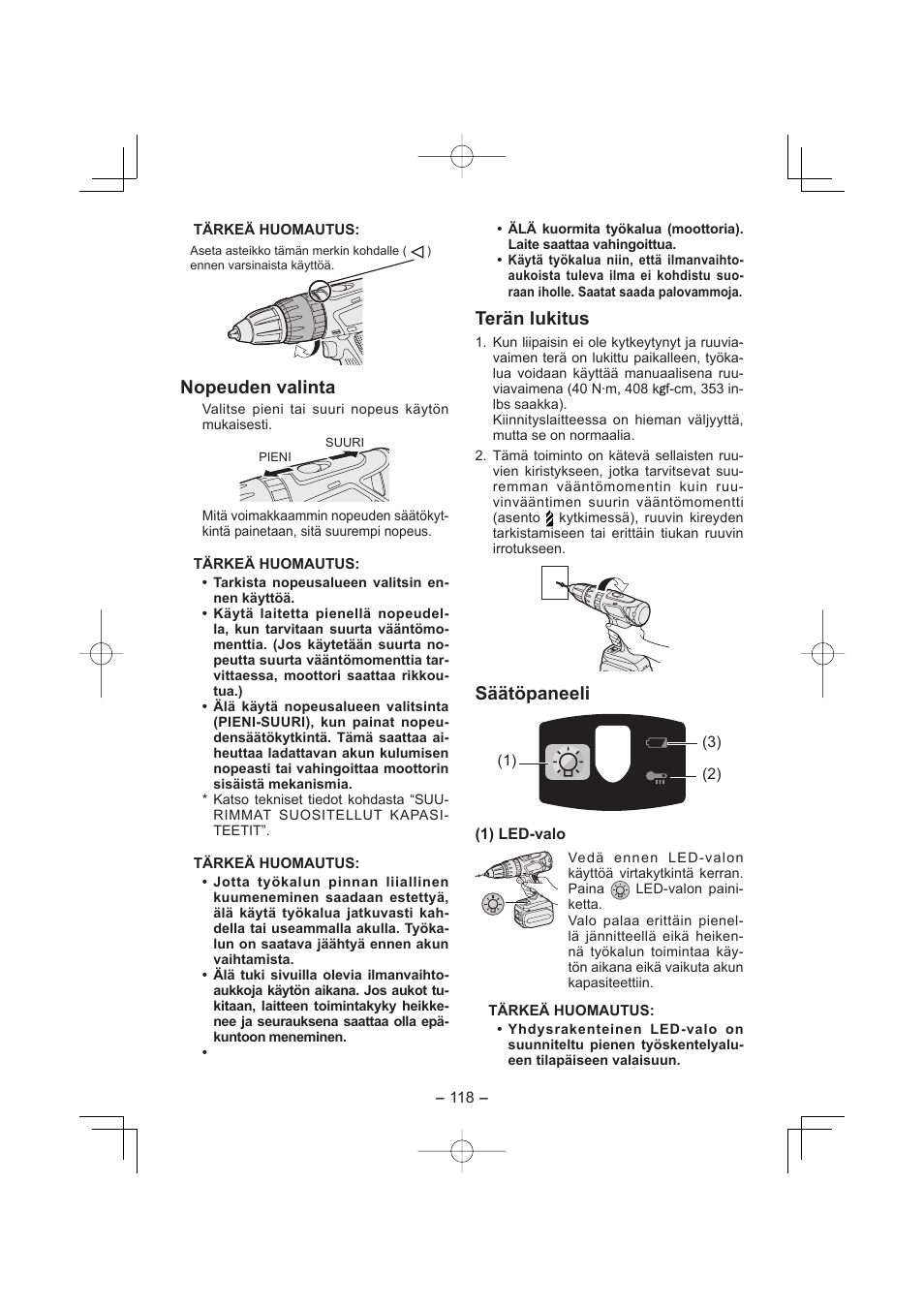 Nopeuden valinta, Terän lukitus, Säätöpaneeli | Panasonic EY7960 User Manual | Page 118 / 152