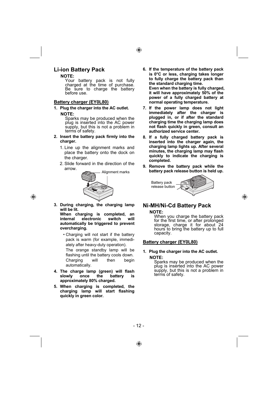 Li-ion battery pack, Ni-mh/ni-cd battery pack | Panasonic EY7960 User Manual | Page 12 / 152