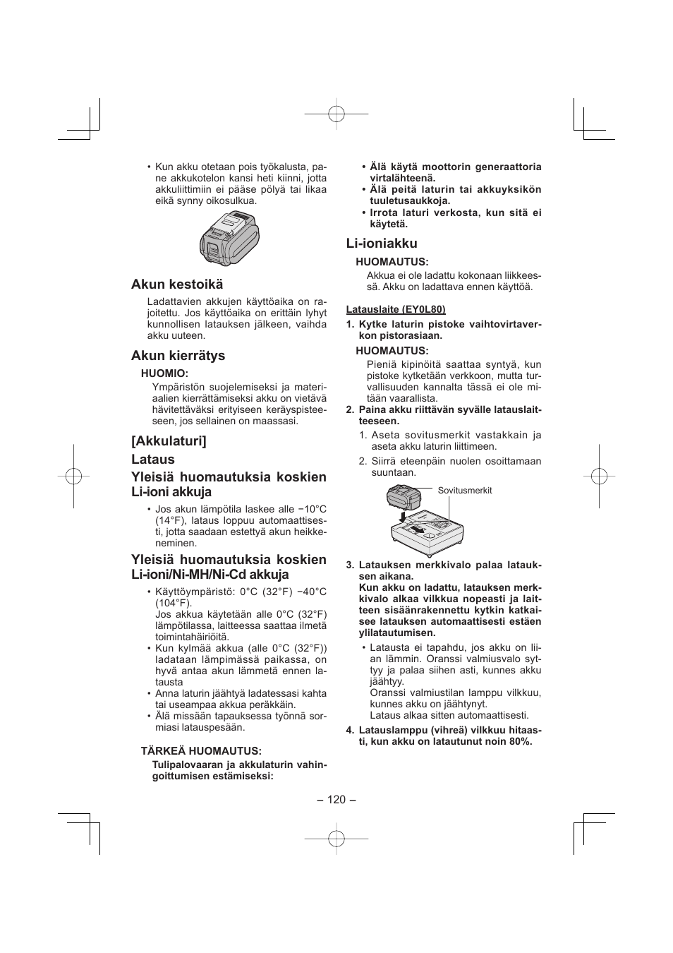 Akun kestoikä, Akun kierrätys, Li-ioniakku | Panasonic EY7960 User Manual | Page 120 / 152