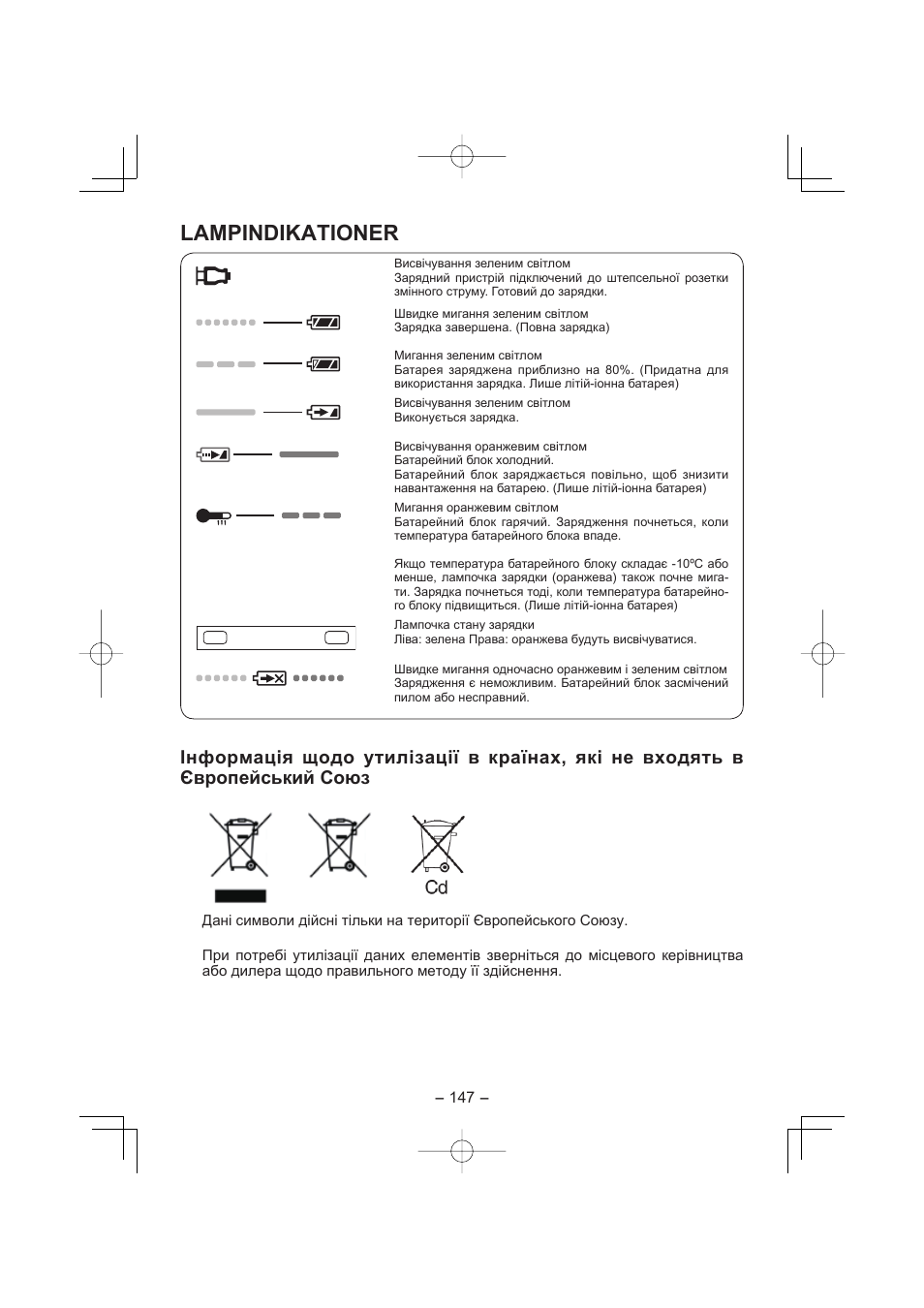 Lampindikationer | Panasonic EY7960 User Manual | Page 147 / 152