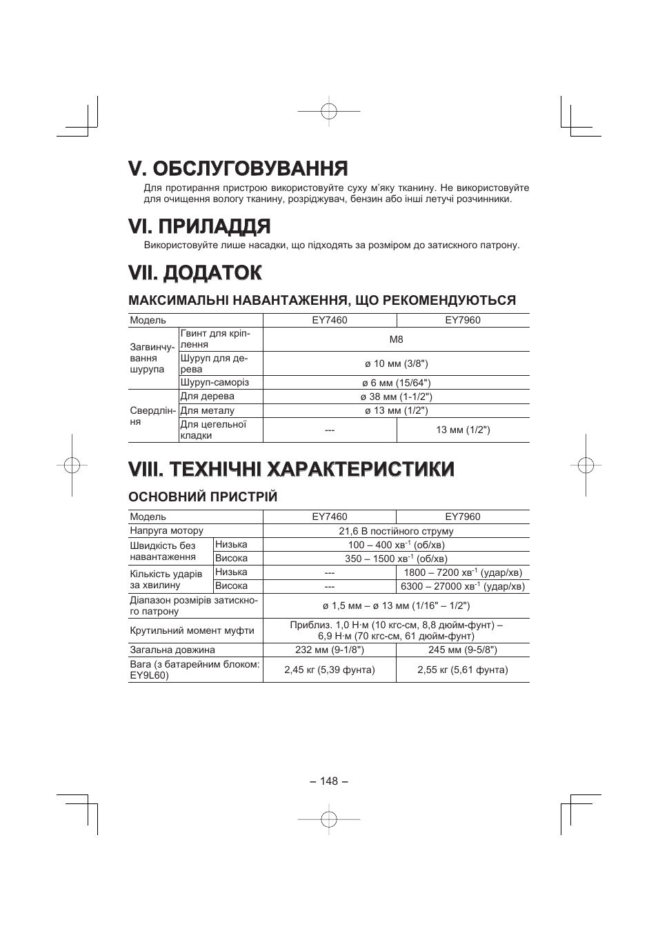 V. обслуговування, Vi. приладдя, Vii. додаток | Viii. технічні характеристики, Максимальні навантаження, що рекомендуються, Основний пристрій | Panasonic EY7960 User Manual | Page 148 / 152