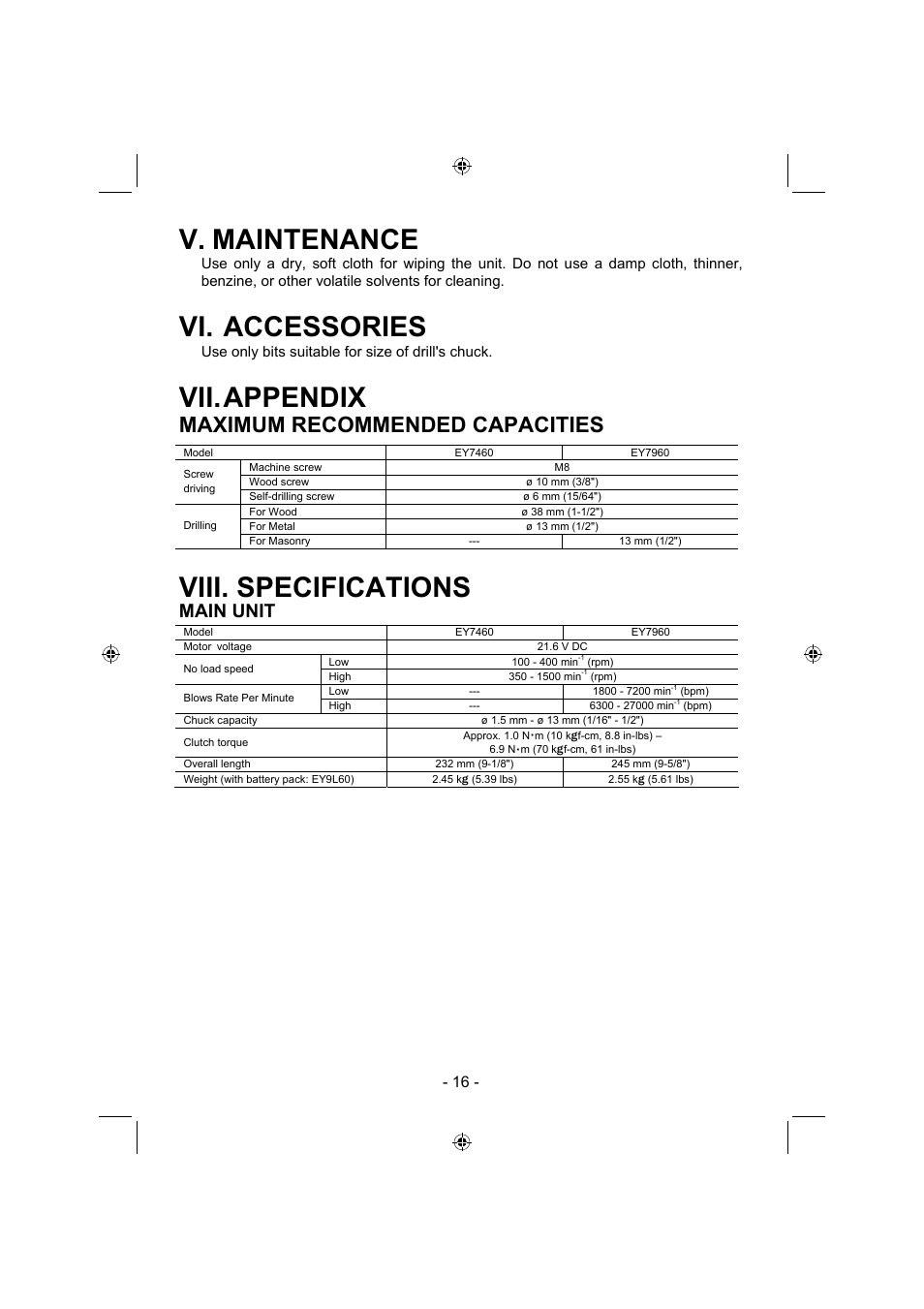V. maintenance, Vi. accessories, Vii. appendix | Viii. specifications, Maximum recommended capacities, Main unit | Panasonic EY7960 User Manual | Page 16 / 152