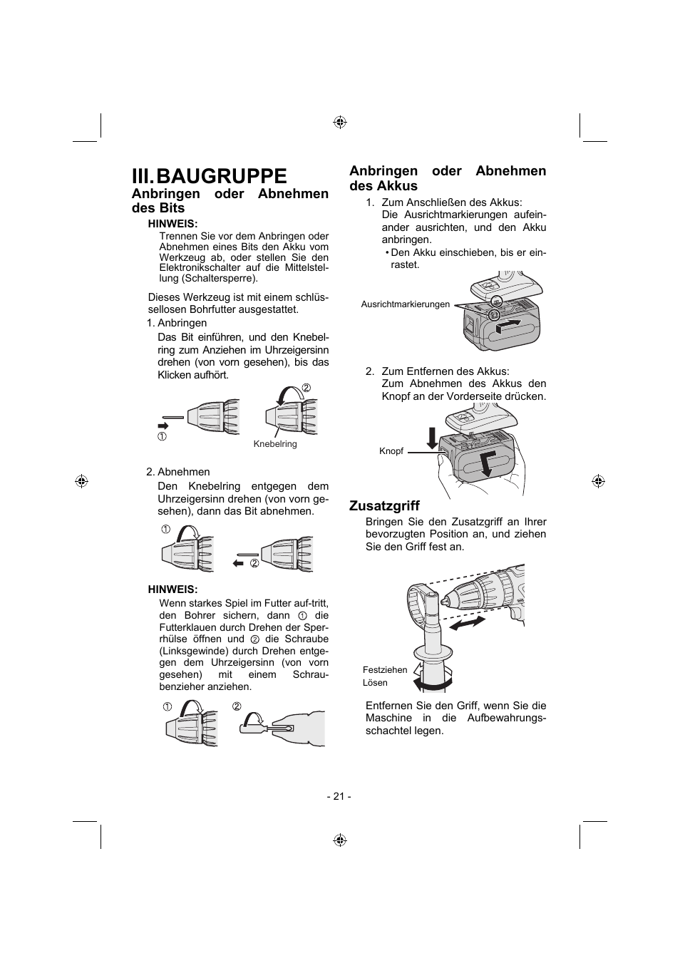 Iii. baugruppe, Anbringen oder abnehmen des bits, Anbringen oder abnehmen des akkus | Zusatzgriff | Panasonic EY7960 User Manual | Page 21 / 152