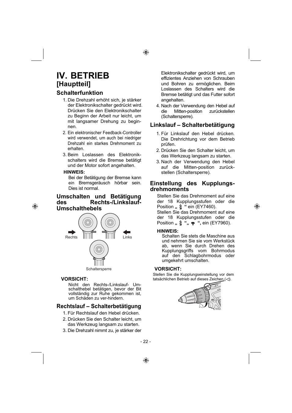 Iv. betrieb, Hauptteil, Schalterfunktion | Rechtslauf – schalterbetätigung, Linkslauf – schalterbetätigung, Einstellung des kupplungs- drehmoments | Panasonic EY7960 User Manual | Page 22 / 152