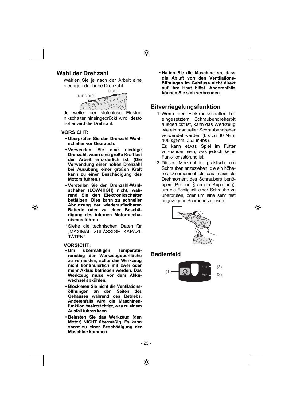 Wahl der drehzahl, Bitverriegelungsfunktion, Bedienfeld | Panasonic EY7960 User Manual | Page 23 / 152