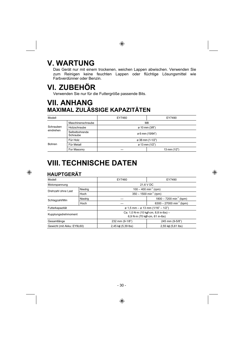 V. wartung, Vi. zubehör, Vii. anhang | Viii. technische daten, Maximal zulässige kapazitäten, Hauptgerät | Panasonic EY7960 User Manual | Page 30 / 152