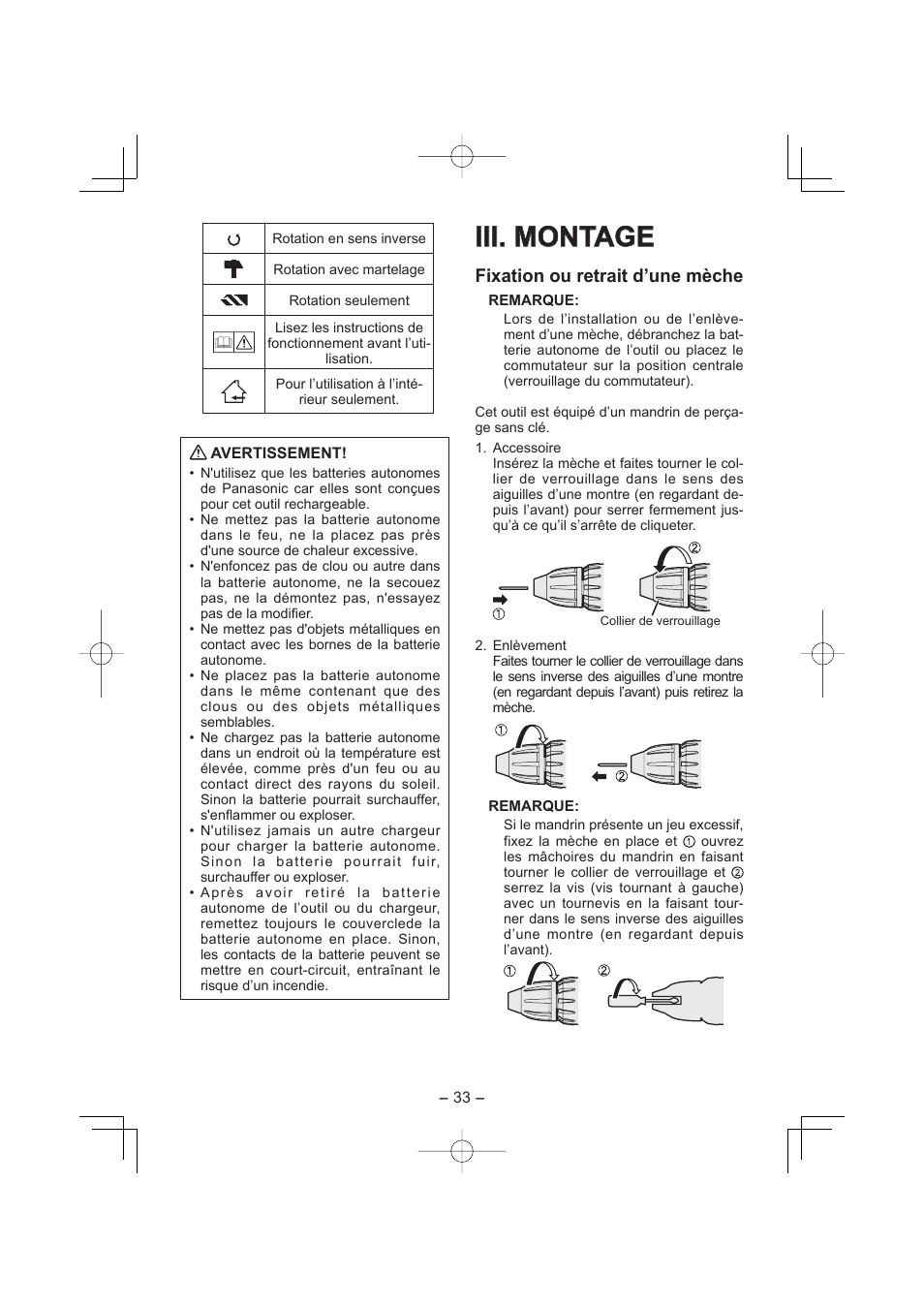 Iii. montage, Fixation ou retrait d’une mèche | Panasonic EY7960 User Manual | Page 33 / 152