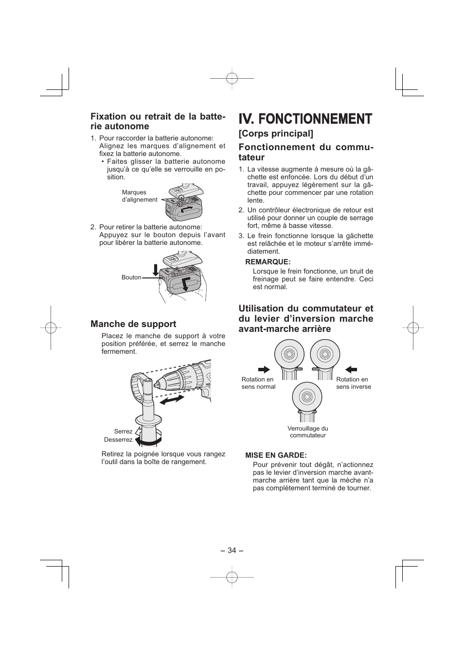 Iv. iv. fonctionnement fonctionnement, Fixation ou retrait de la batte- rie autonome, Manche de support | Corps principal] fonctionnement du commu- tateur | Panasonic EY7960 User Manual | Page 34 / 152